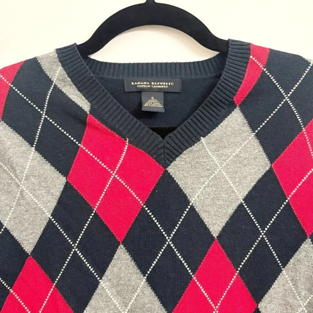 EUC Banana Republic Cashmere & Cottom V Neck Argyle Long Sleeve Sweater - Small